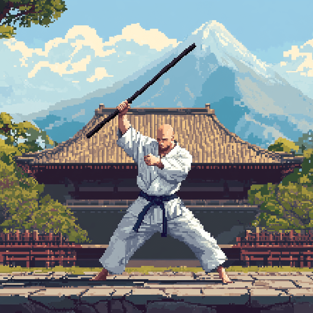 Aikido practitioner holding a jo staff while doing jo suburi outside.